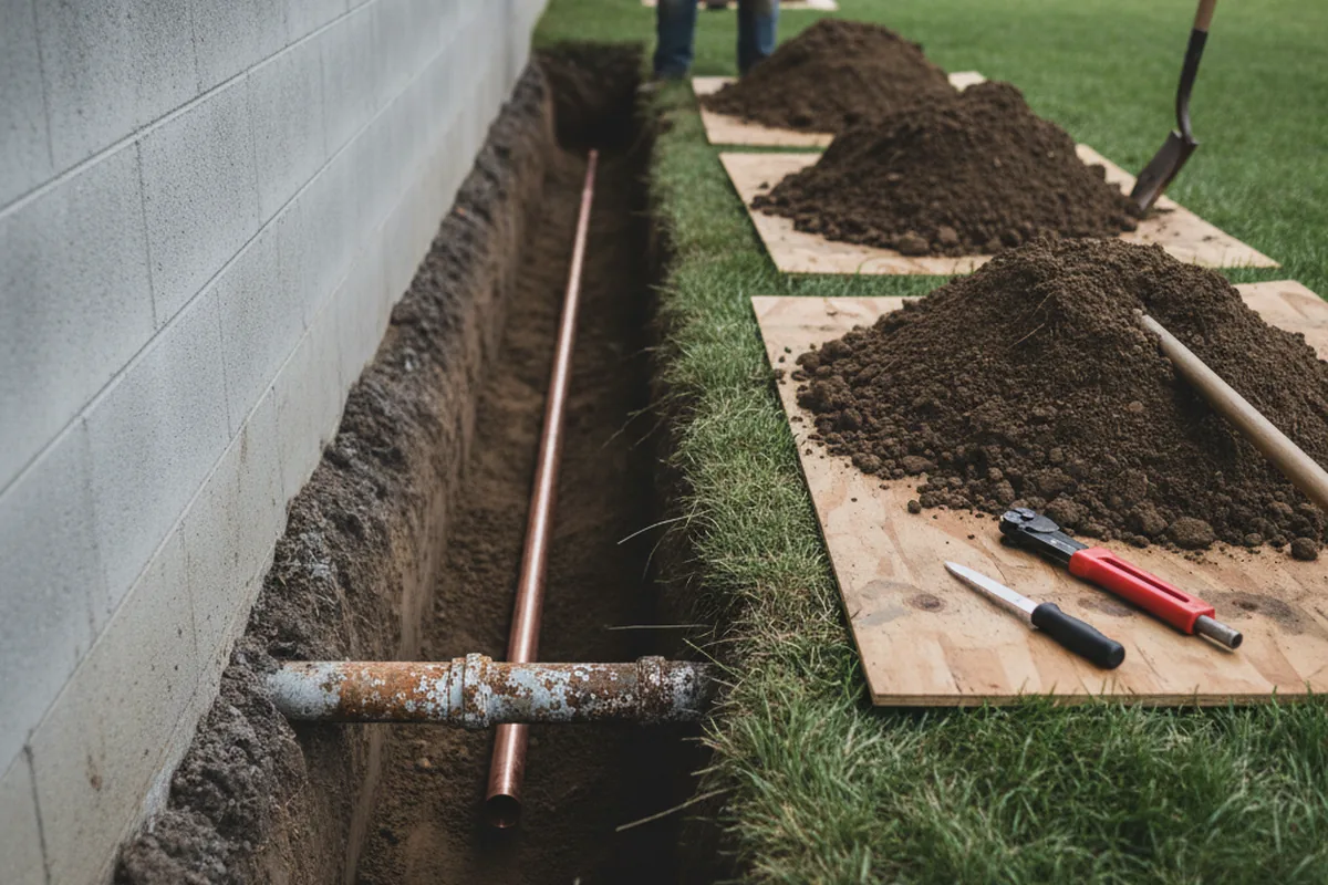 Excavated water line trench during Water Heater Repair in Indianapolis